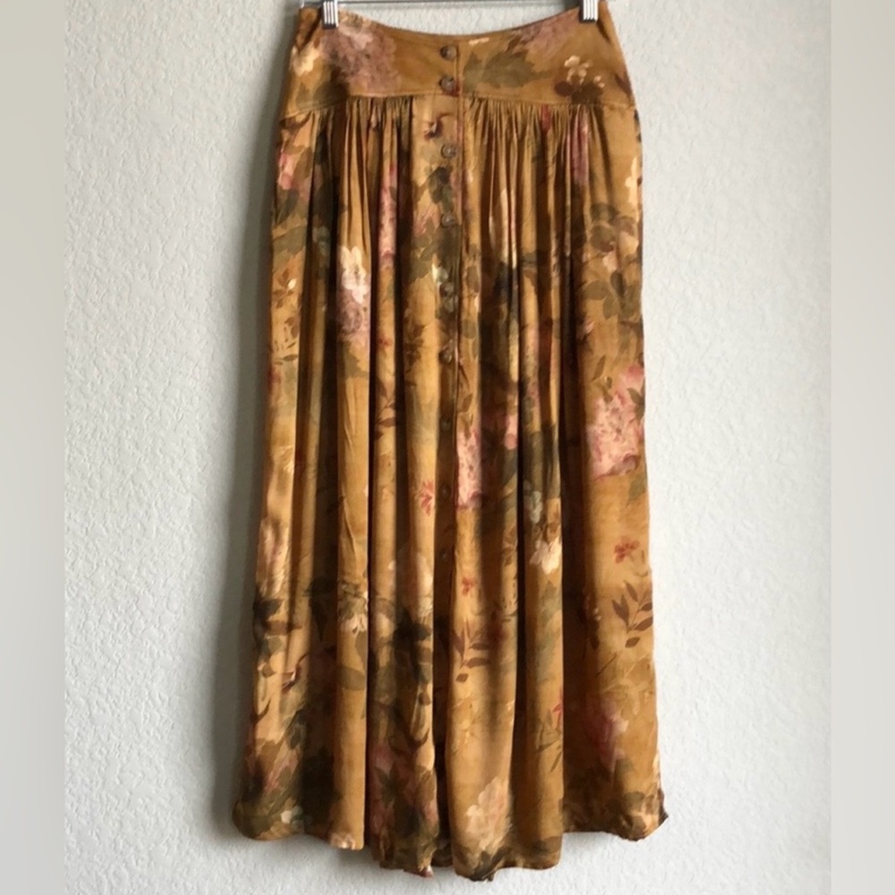 Peruvian Connection Sonnet Maxi Skirt Weathered Amber Floral Print Button Front